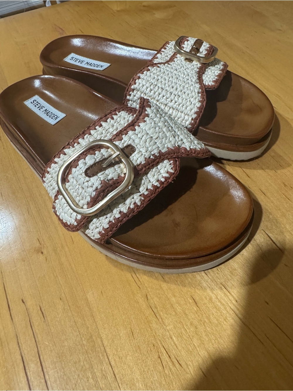 Steve Madden Cream and Brown Woven Buckle Slide Sandals - Picture 5 of 7